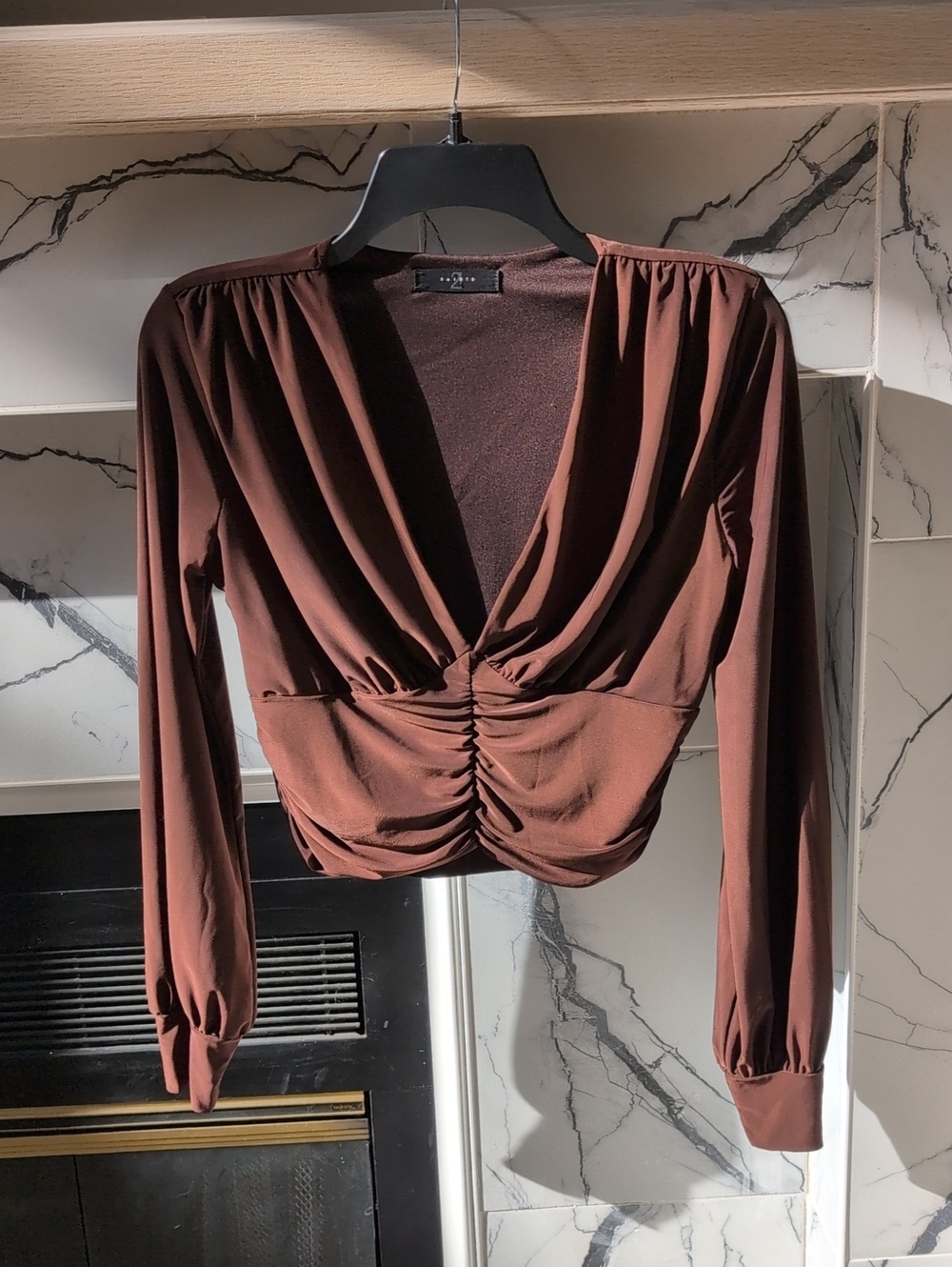 Brown Ruched V-Neck Long Sleeve Top-21 Saints
